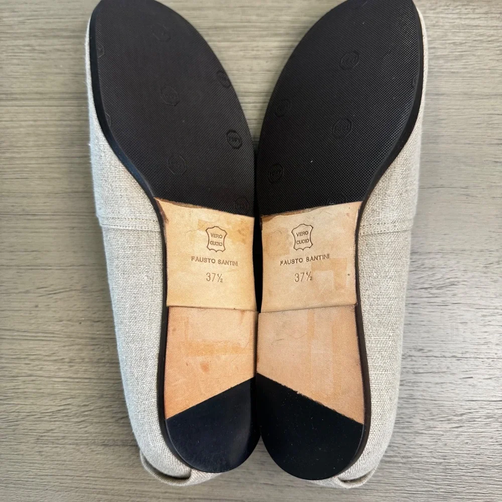 Fausto Santini Women 7-7.5 EU 37.5 Beige Linen Flats Italian Leather Sole Loafer